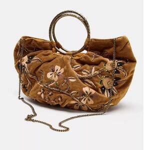Zara NWT tan corduroy embroidered embellished o-ring handle baguette bag